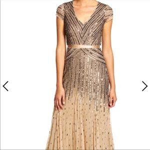 Adrianna Papell long beaded gown with Cap Sleeves